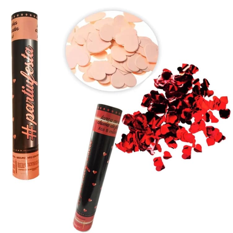 Kit com 2 Lança Confete Metalizado Coração Vermelho  ou Rose Gold– 30cm Casamento