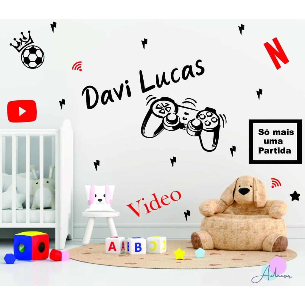 Adesivo Gamer Quarto Infantil Sala De Jogos Nome Personalizado