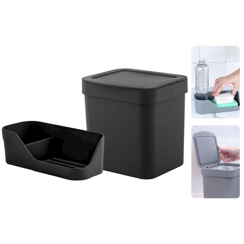 Lixeira 2,5 L C/ Tampa + Porta Detergente Bucha Pia Cozinha