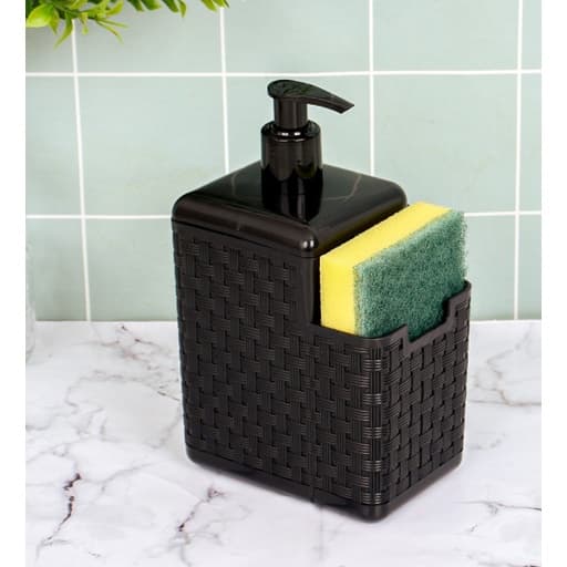 Porta Detergente Com Dispenser e Suporte Para Esponja Bucha 2 Em 1 Preto Plásticos Com Bico Dosador Sabão Sabonete Líquido Rattan De Pia Em Casa Cozinha Banheiro