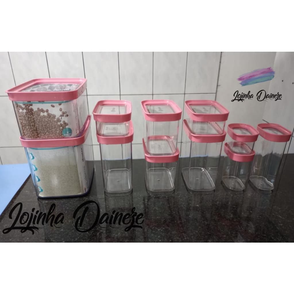 Kit Cozinha 11 Peças na cor Rosa - Potes Herméticos Anti Impacto para Mantimentos
