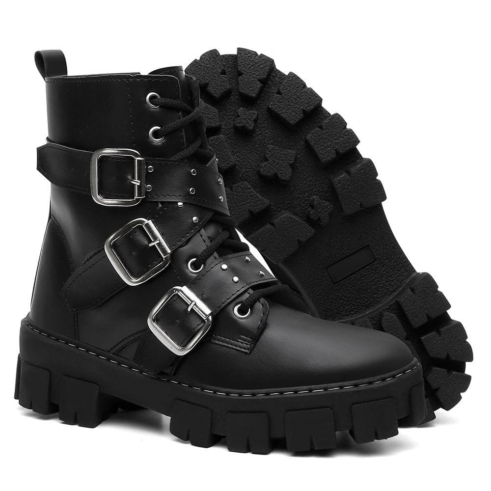 Bota Coturno Rock Life Três Fivela Sola Alta Blogueira
