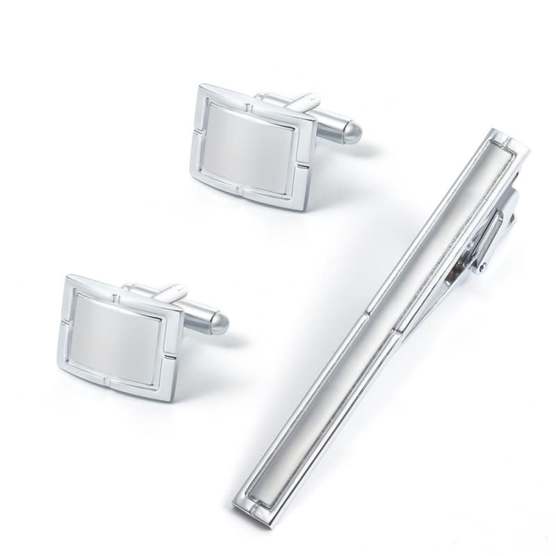 Acessórios de Moda: Abotoaduras de Metal Escovado Quadradas Prateadas, Prendedor de Gravata para Terno, Abotoaduras para