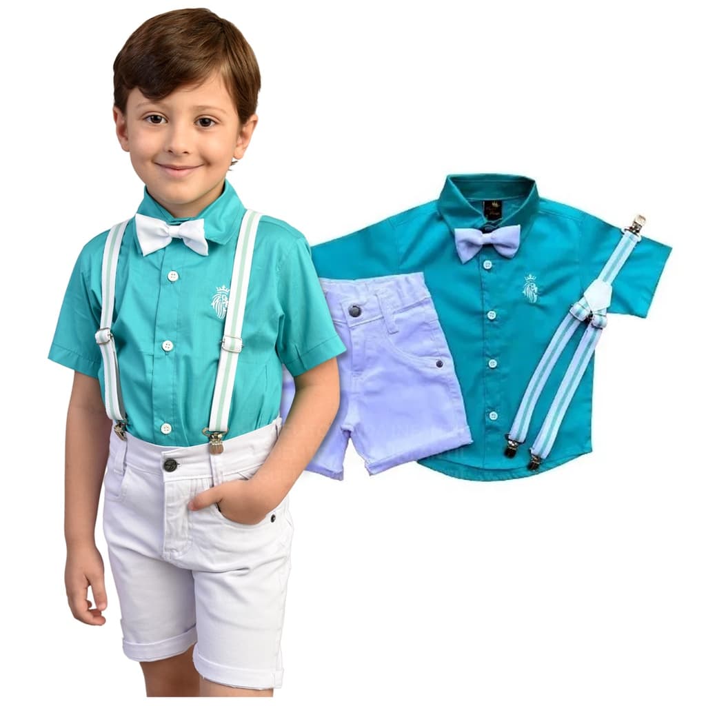 Conjunto Infantil Roupa De Batizado Social Branco/ Verde Tiffany Verão