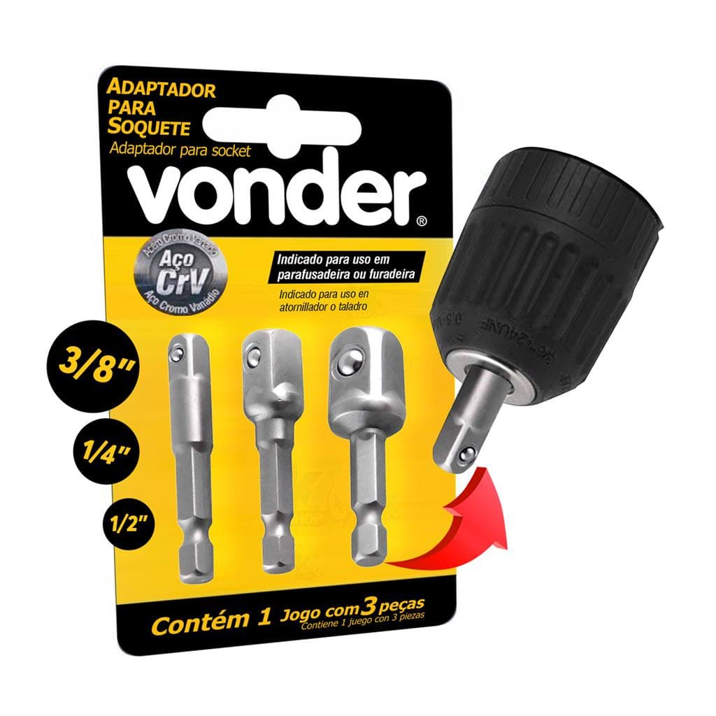 Kit 3 Adaptador Soquete Parafusadeira Vonder Cachimbo Furadeira 1/4 3/8 1/2 Jogo de Bits Pito Canhao