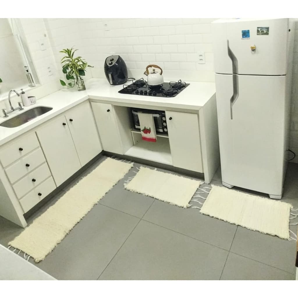 Kit de Tapetes para Cozinha Felpudo Liso Cru Boho - 3 Peças