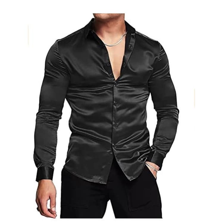 Camisa De Cetim De Seda Luxuosa E Brilhante Para Homens Manga Comprida Fina Com Botões Musculares Mais Finos Tamanho