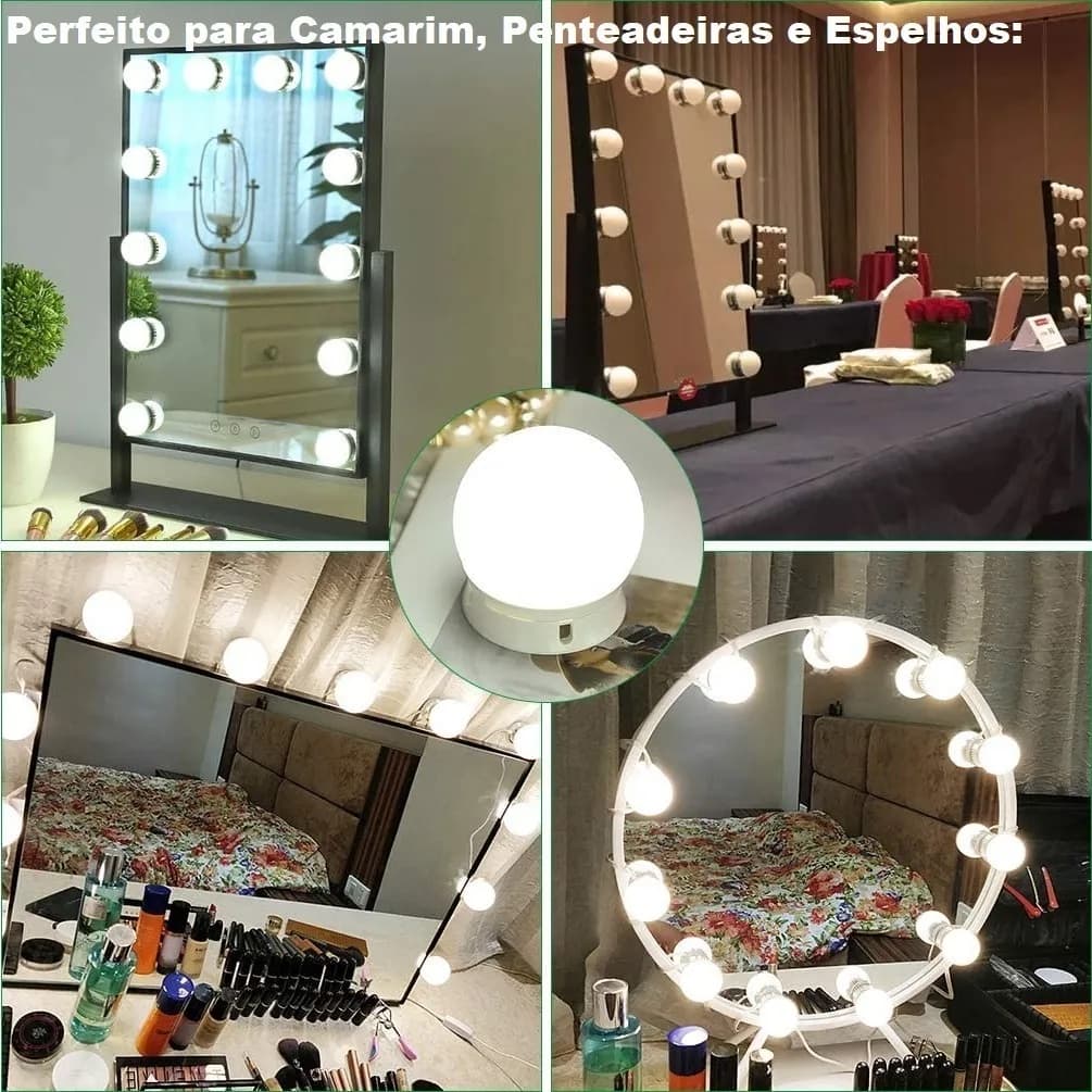 Kit Luz De Espelho Maquiagem Camarim 10 Lâmpadas Led 3 Cores