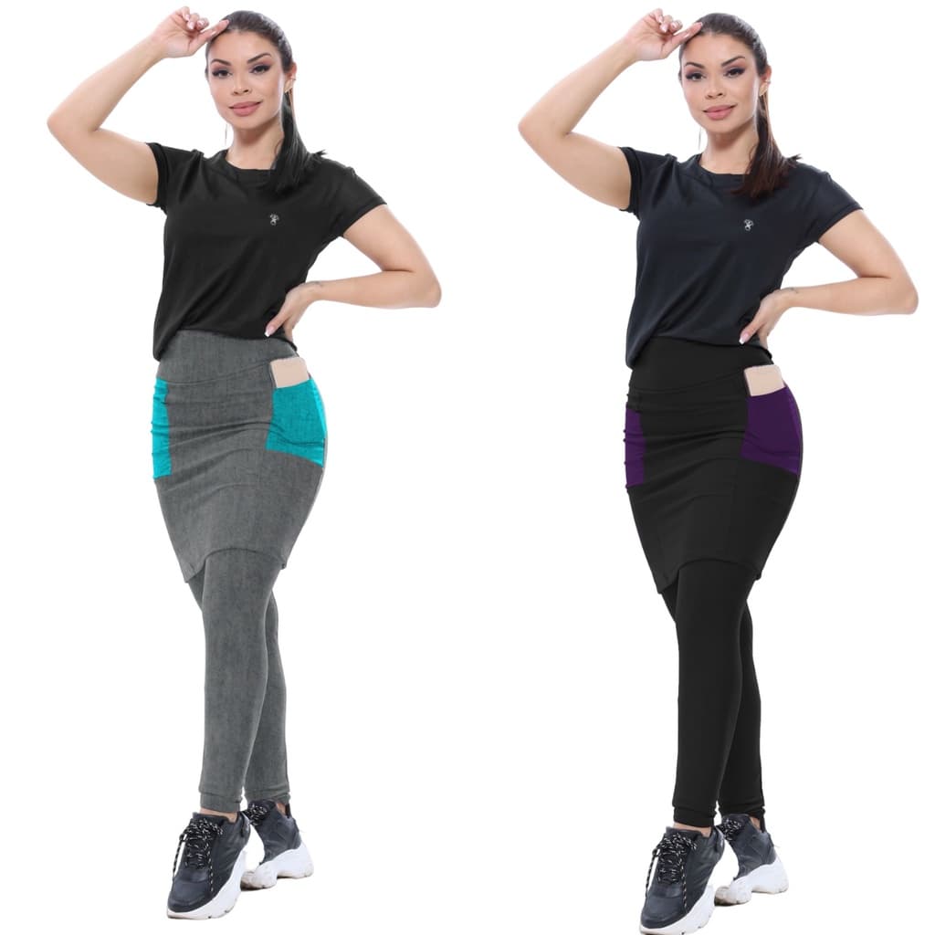 Kit 2 Calças Com Saias Moda Fitness Evangelica Com Bolso