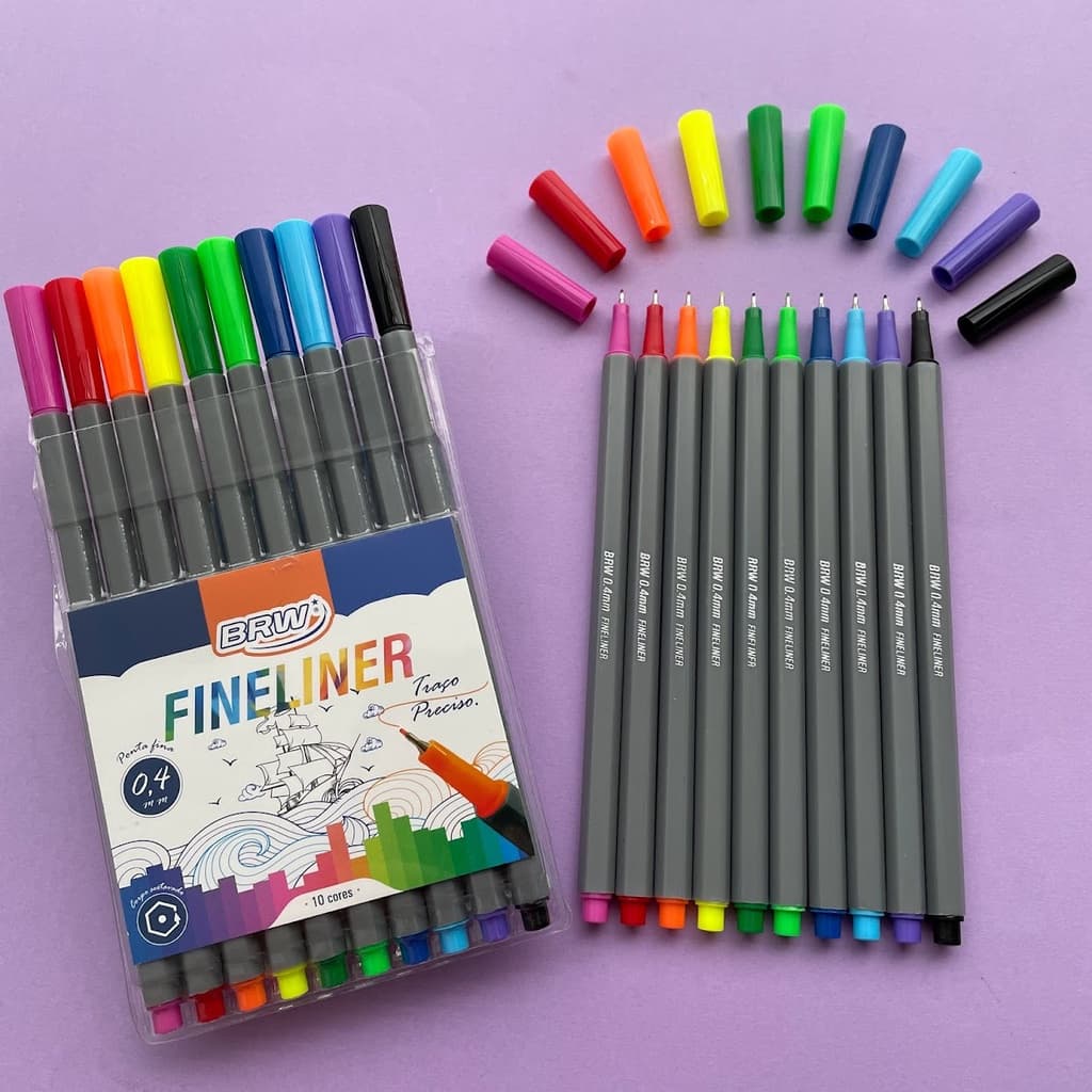 Caneta Colorida Ponta Fina Fineliner BRW 0.4 mm com 10 Cores Básicas