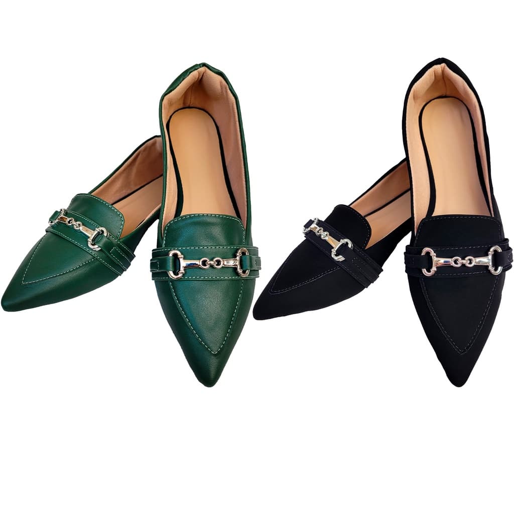 Kit Sapatilha Feminina Bico Fino 2 Pares Confortável Mocassim Feminino Elegante Preto Verde Militar Detalhe Metalizado