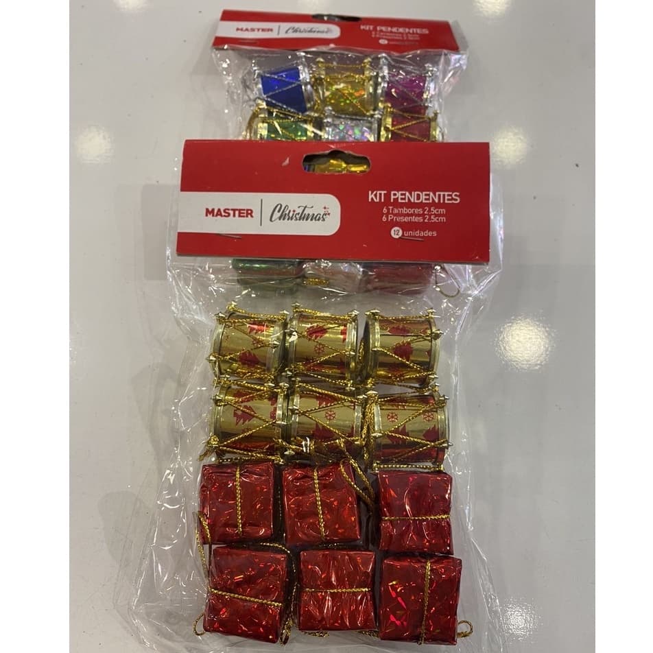 Enfeite de natal kit de pendurar 6 tambores  2.5cm e 6 presente 2.5cm