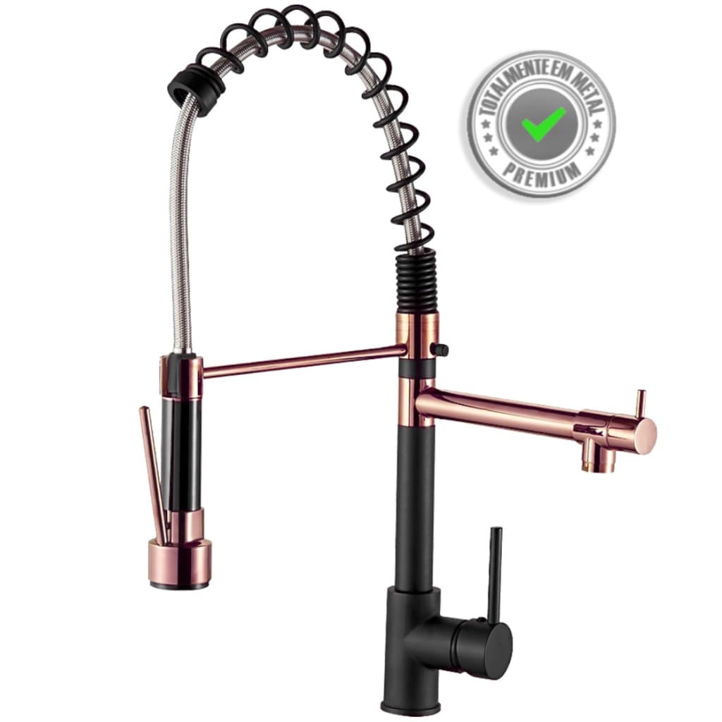 Torneira de Cozinha Gourmet  Bancada com Ducha Spray e Aerador Misturador Monocomando Água Quente e Fria Preta Rose Gold