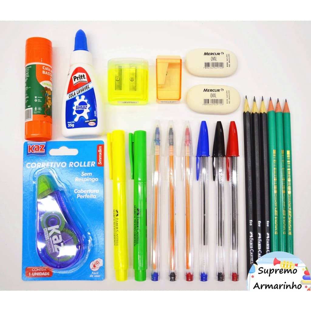 Kit Material Escolar 21 Itens - Caneta Lápis Cola Apontador Borracha Marca Texto Papelaria Kit F