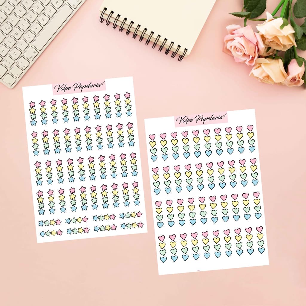 Cartelas de adesivos corações e estrelas / decoração de bujo , planner, bulet journal / VINIL A PROVA D´ÁGUA
