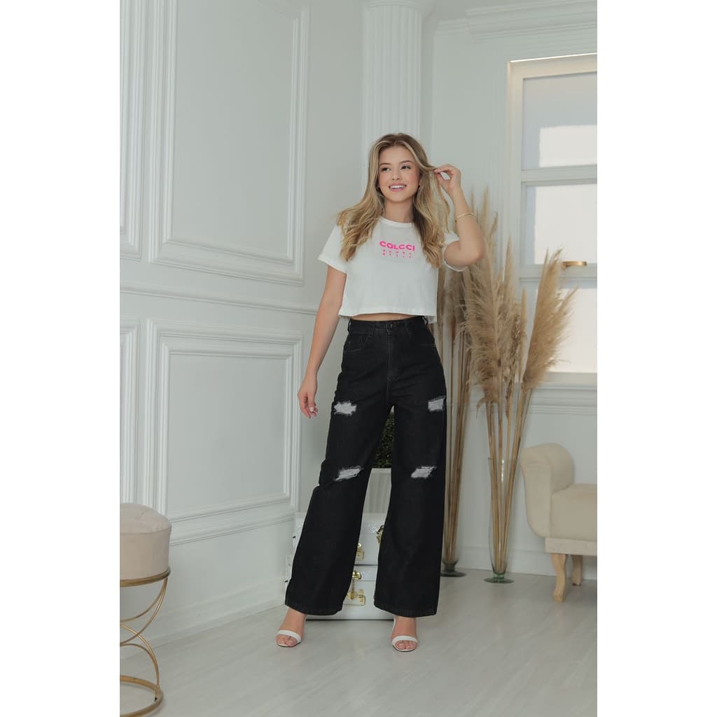 Wide leg jeans Grafite Rasgadinha veste bem.