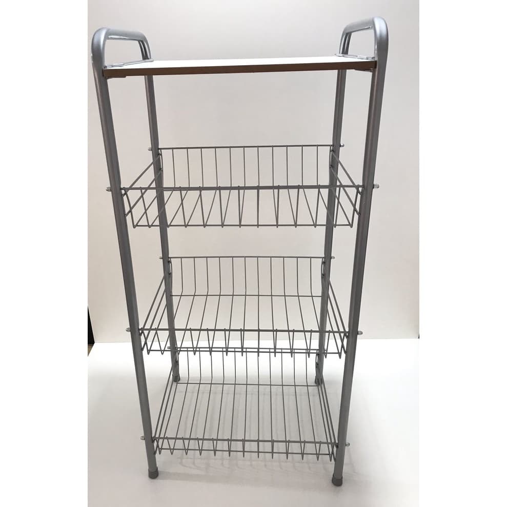 Fruteira Desmontável Super Resistente Feita em aço Pintado com tinta eletrostática em Acabamento Prata  3 Cestos Tampo Mdf