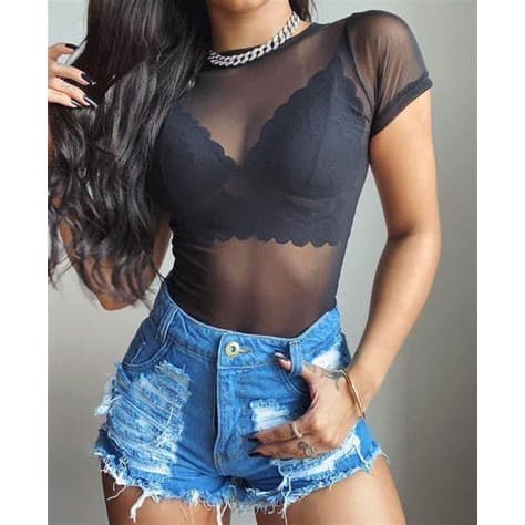 Body de Tule Manga Curta Feminino Transparente Blusa Fashion