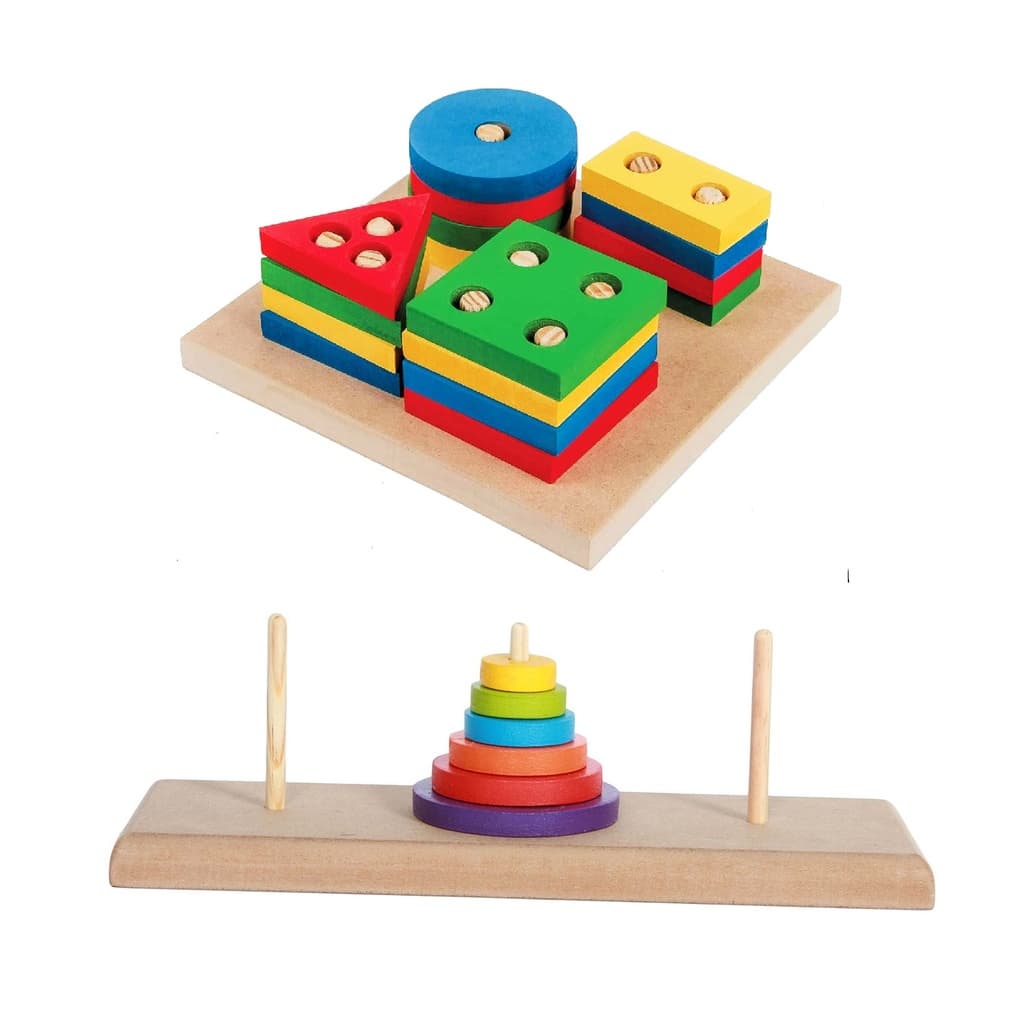 Kit TORRE DE HANÓI + Encaixe de FORMAS GEOMÉTRICAS em EVA Brinquedo Educativo Montessori Infantil