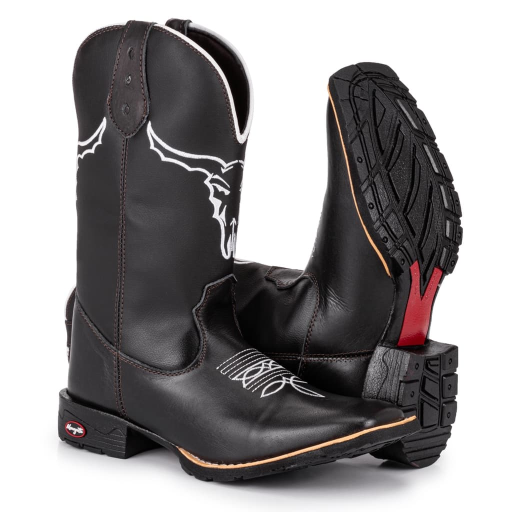 Bota Texana Masculina Country Bico Quadrado Solado De Borracha Boi Black
