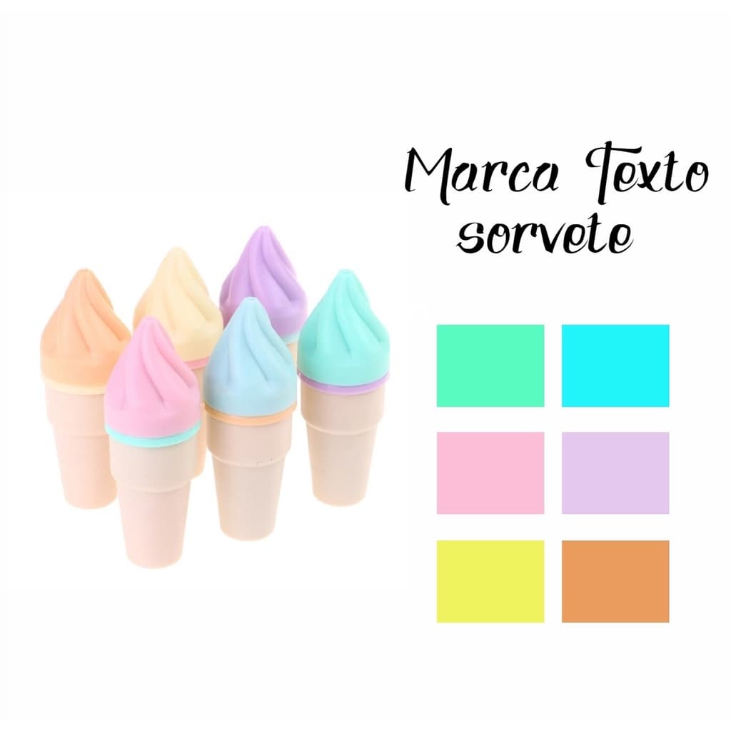Caneta Marca Texto Mini Sorvete Kit 6 Cores