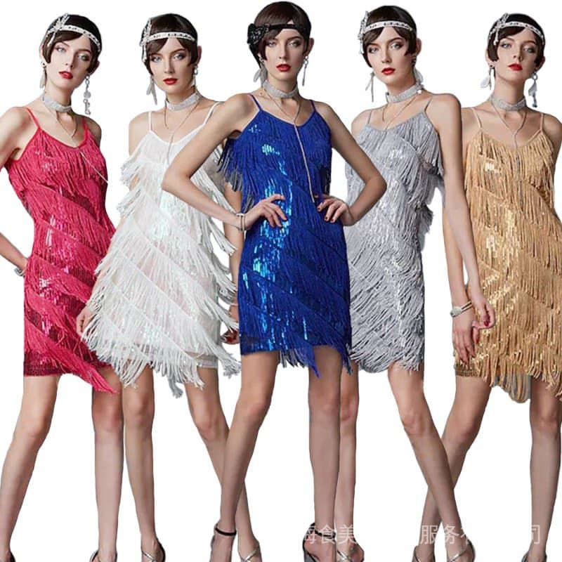 Vestido Vintage Gatsby Oversize 1920 com Detalhes em Pedraria e Franjas, Decote em V, Alças, Vestido de Festa Vintage co