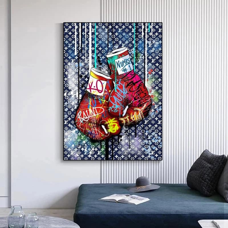Quadro decorativo 1 peça 40x60 Luvas de boxe moderno pop arte grafite colorido moderno para sala quarto