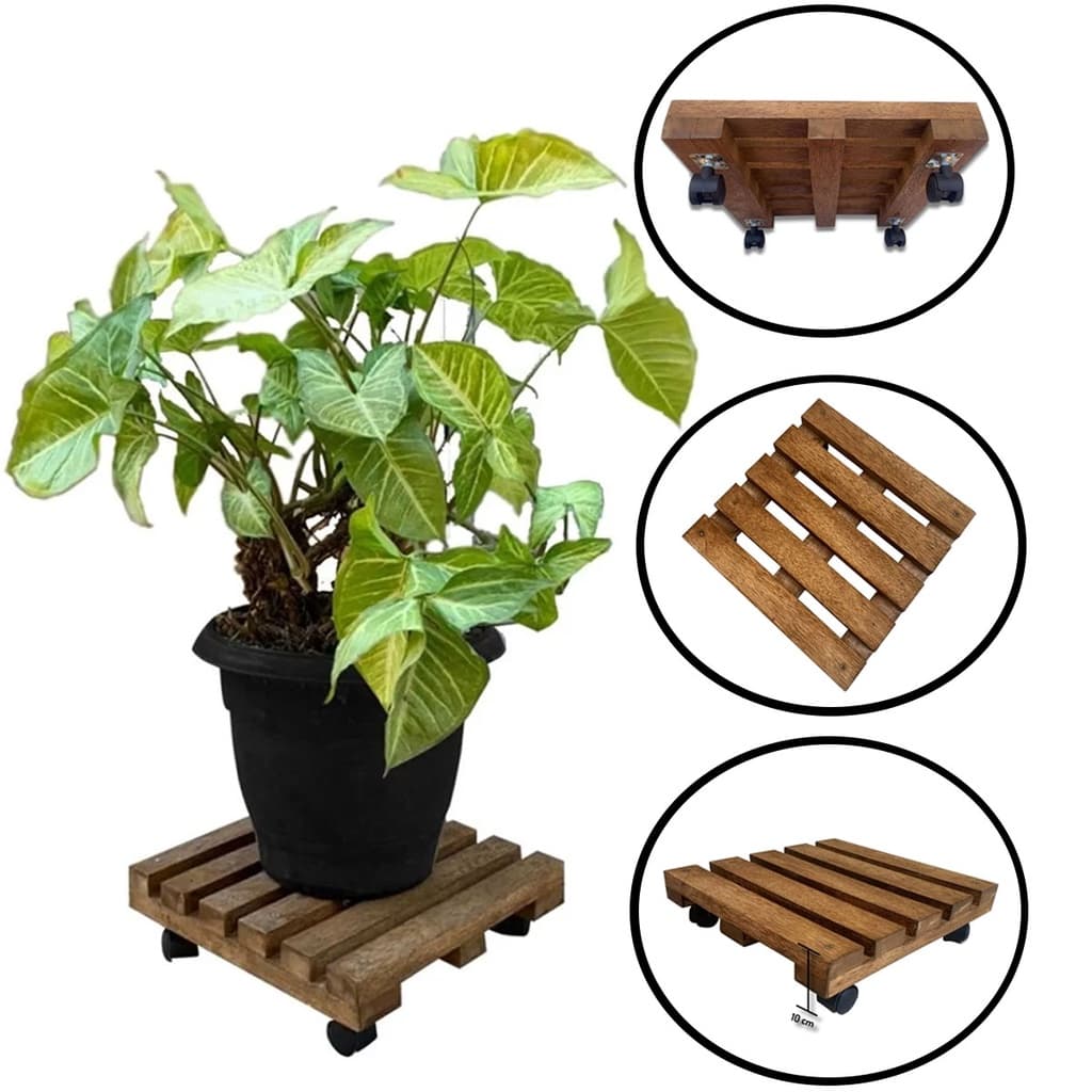 Carrinho Para Vaso De Plantas Reforçado Madeira Cedro Suporte Rodinhas 30cm Quadrado