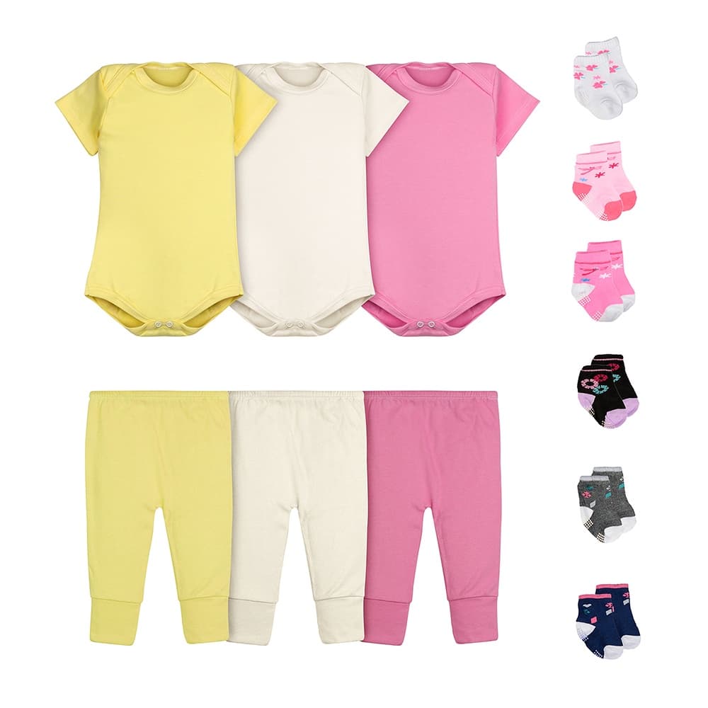 Kit 12 Peças Body Bebê Menina Manga Curta Calça Mijão e Meias