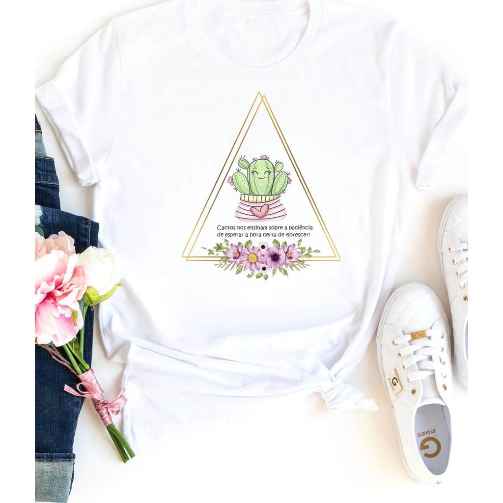 Camiseta T-Shirt Feminina Estampa com Frase 100% Poliéster