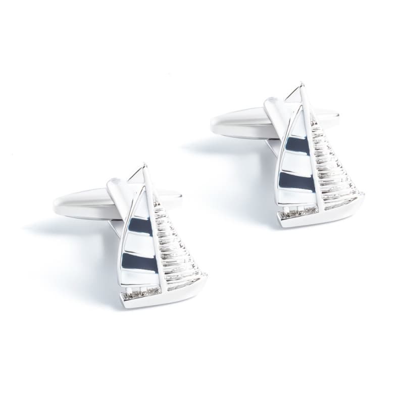 Acessórios de Moda: Abotoaduras de Alta Qualidade com Esmalte Azul e Branco em Forma de Barco à Vela, Abotoaduras de Met