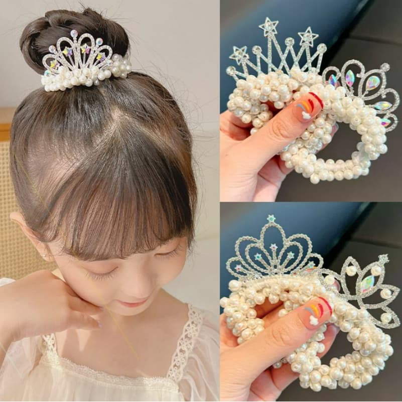 Moda Princesa Coroa Hairtie Crianças Pérola Branca Cocar Bonito Menina Borracha Acessórios Para O Cabelo