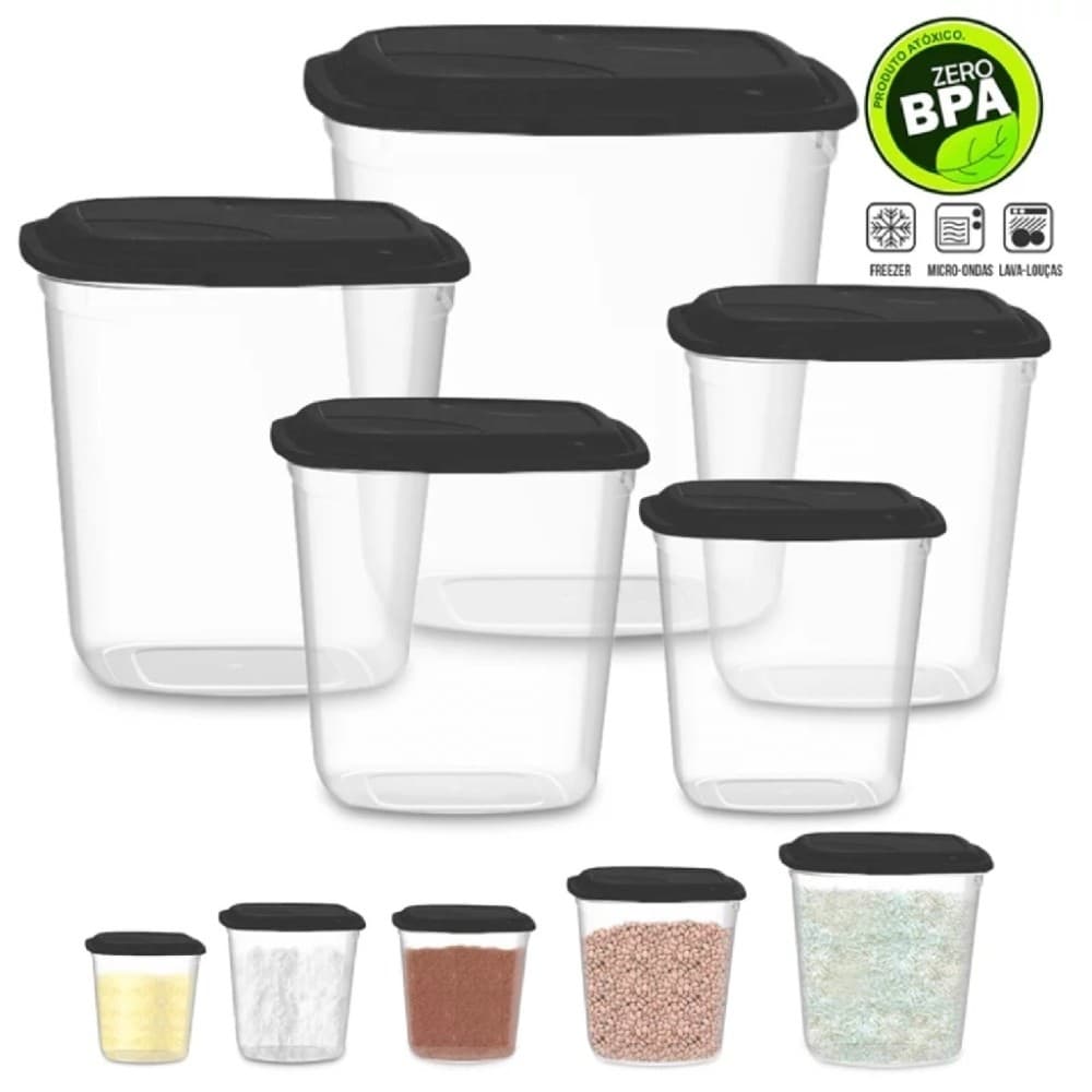 Kit 05 Porta Mantimentos Com Tampa 5 Peças Preta Organização