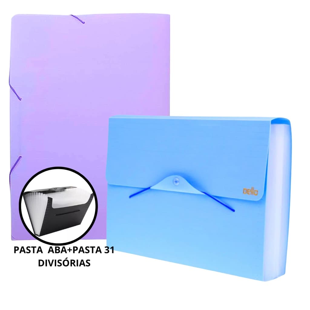 Kit Pasta Sanfonada 31 Divisórias + Pasta Aba A4 Pastel - Dello