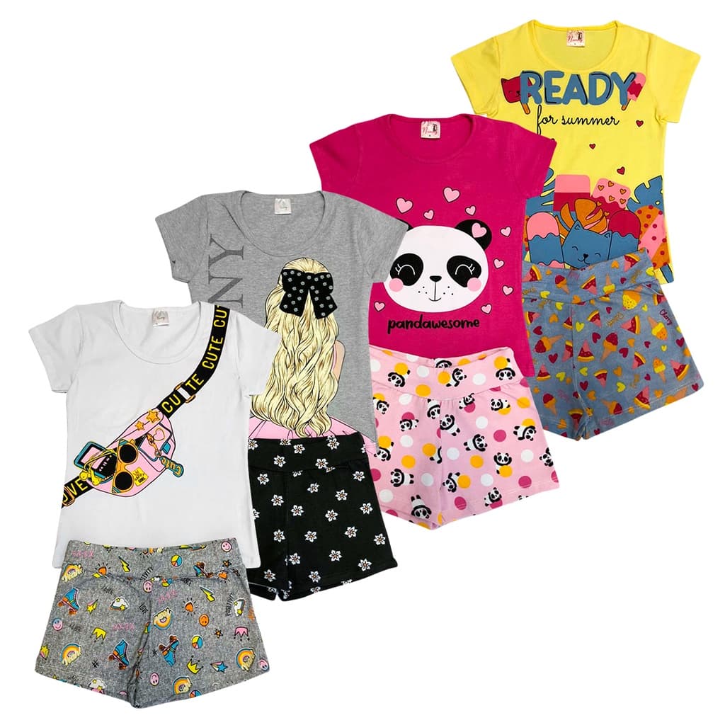 Kit 8 peças Sortidas Roupa Infantil Verão Feminino 4 Blusas e 4 Shorts - Promoção Menina