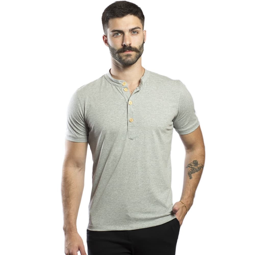 Camiseta Gola Padre Slim Camisa Henley de Botão Feito de Malha Sustentável
