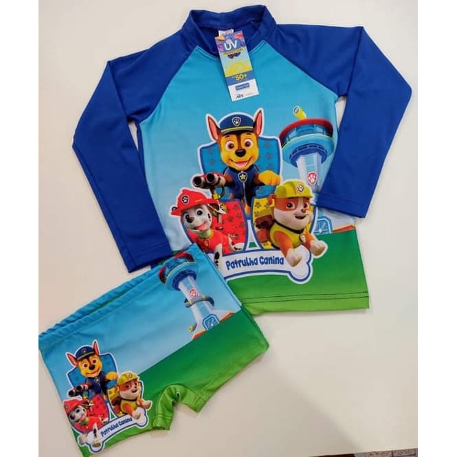 Sunga Infantil + Blusa com Proteção Solar Manga Longa UV50 Menino Roupa de Praia e Piscina Personagens