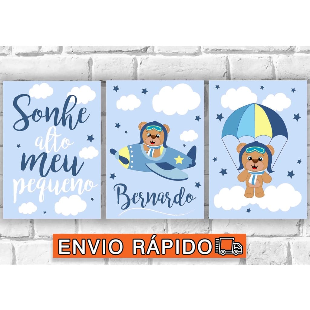 Quadro Aviador Urso Principe  21x30 Quadro infantil quarto de bebe menino ursinho