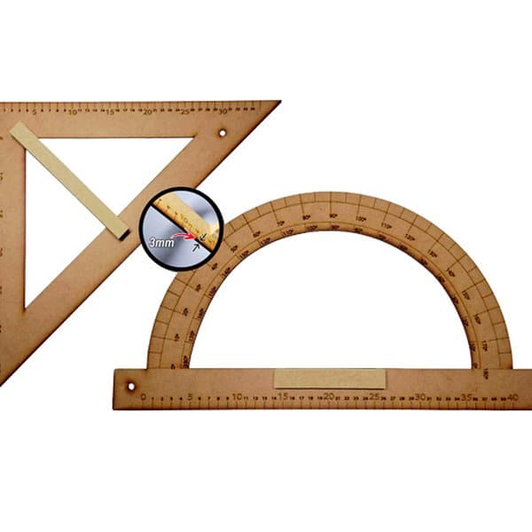 Kit Geométrico Do Professor Com 1 Transferidor 180° Graus Em Mdf + 1 Esquadro Em Mdf 45° Graus