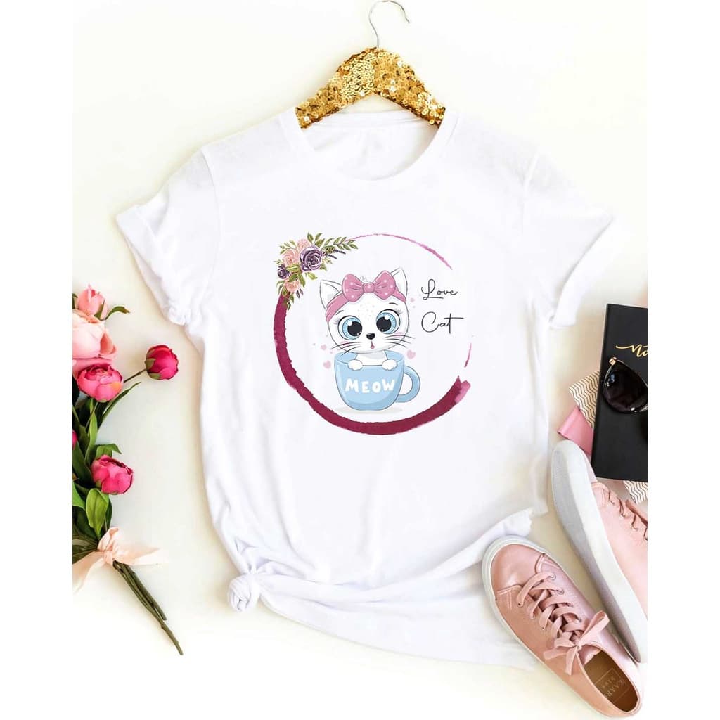 Camiseta T-Shirt Feminina Estampa Florida Gatinha 100% Poliéster