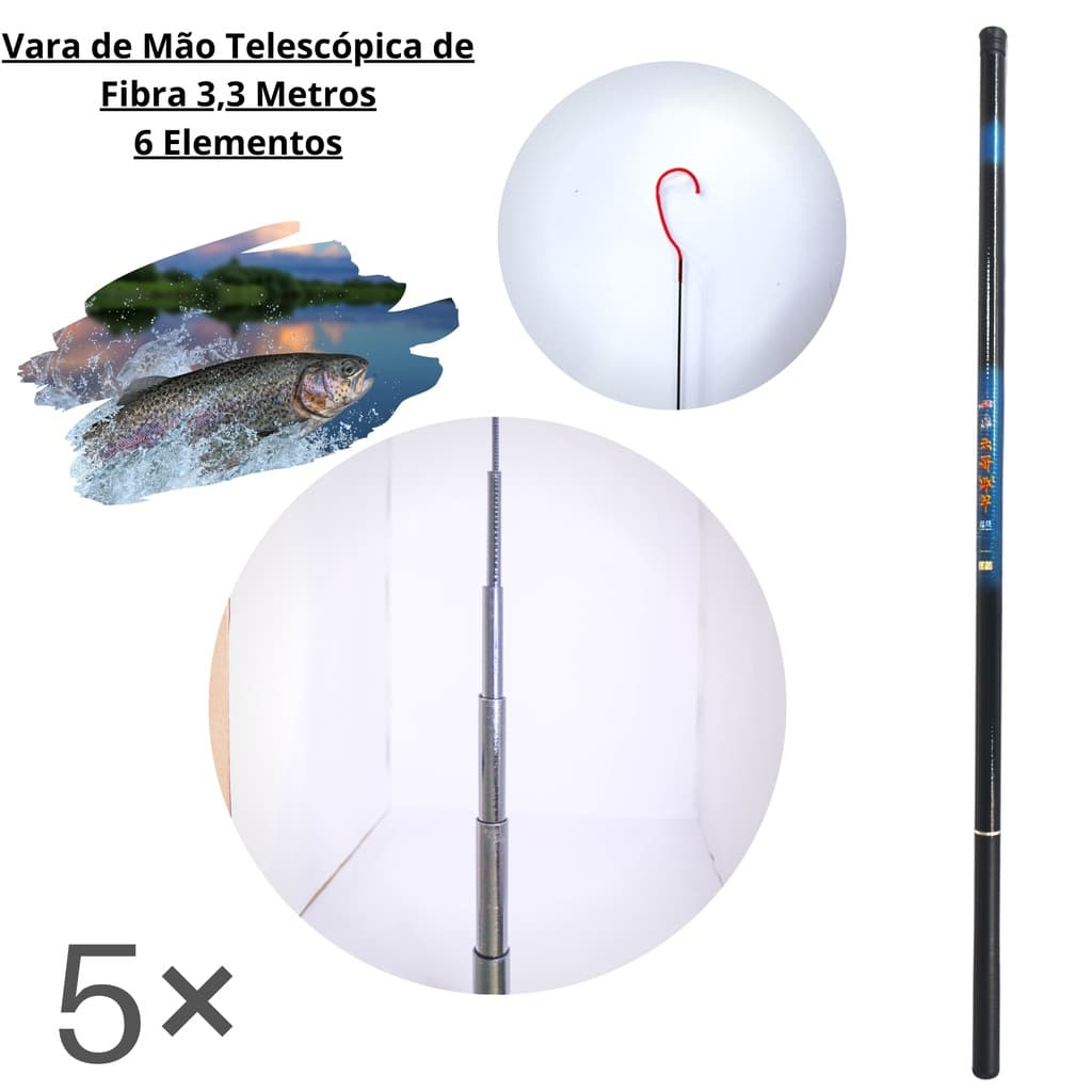 Kit 5 Varas De Pesca Tilápia Azul - Telescópica De Fibra 3,3 M