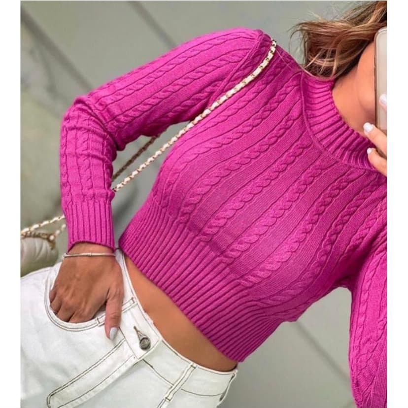 Blusa Feminina De Trico Cropped Trança Tricô Manga Longa Inverno Tricot