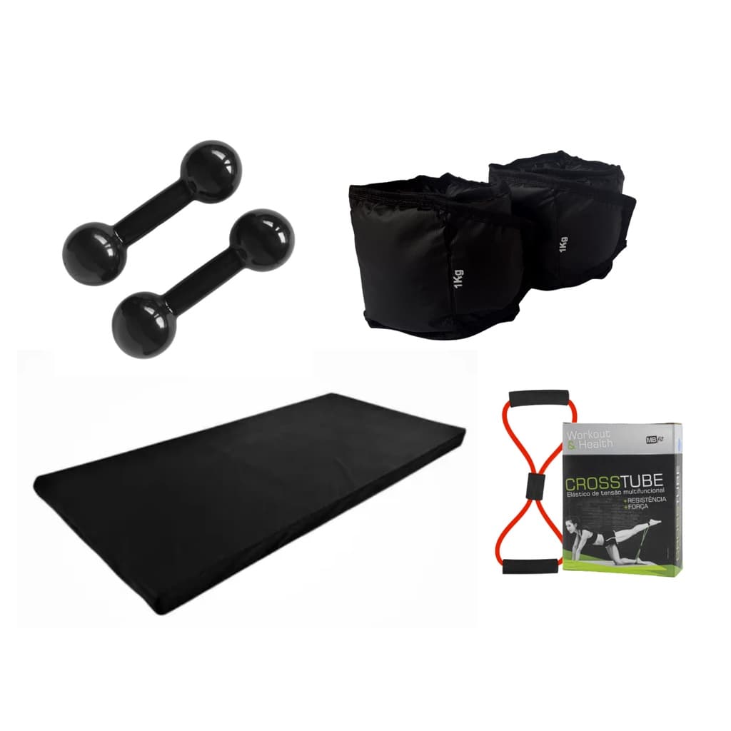 Par Halter 1kg + Par Caneleira 1kg + Colchonete + Elástico