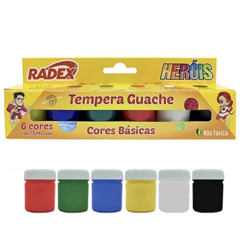 Tinta Tempera Guache Heróis - 6 cores básicas - 15ml