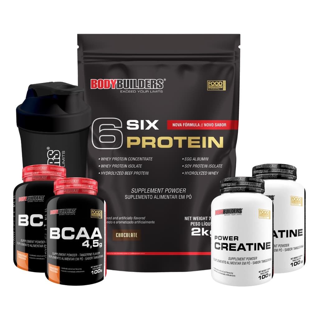 Kit 6 Six Whey Protein 2kg + 2x BCAA 4,5 100g + 2x Creatine 100g + Coqueteleira – Bodybuilders