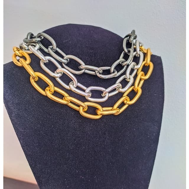 Colar Choker Corrente Elo Grosso Folheado Ouro 18K Gargantilha Prateado Prata Preto Tendência Moda