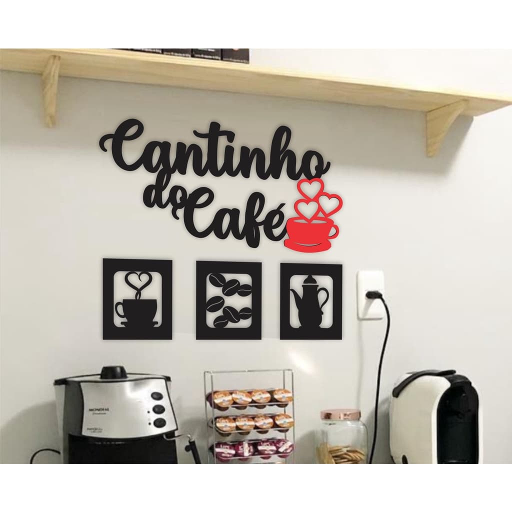 Escrita Cantinho do café em MDF preto com xícara vermelha e com opção dos 3 quadrinhos