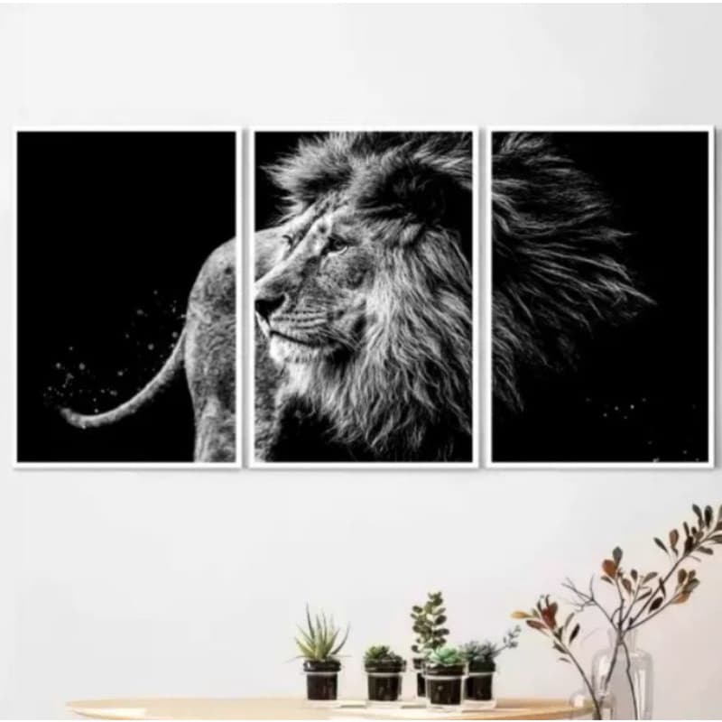 Quadro placa decorativa 3 peças Leão preto e Branco 20x30 Alta Qualidade 4k