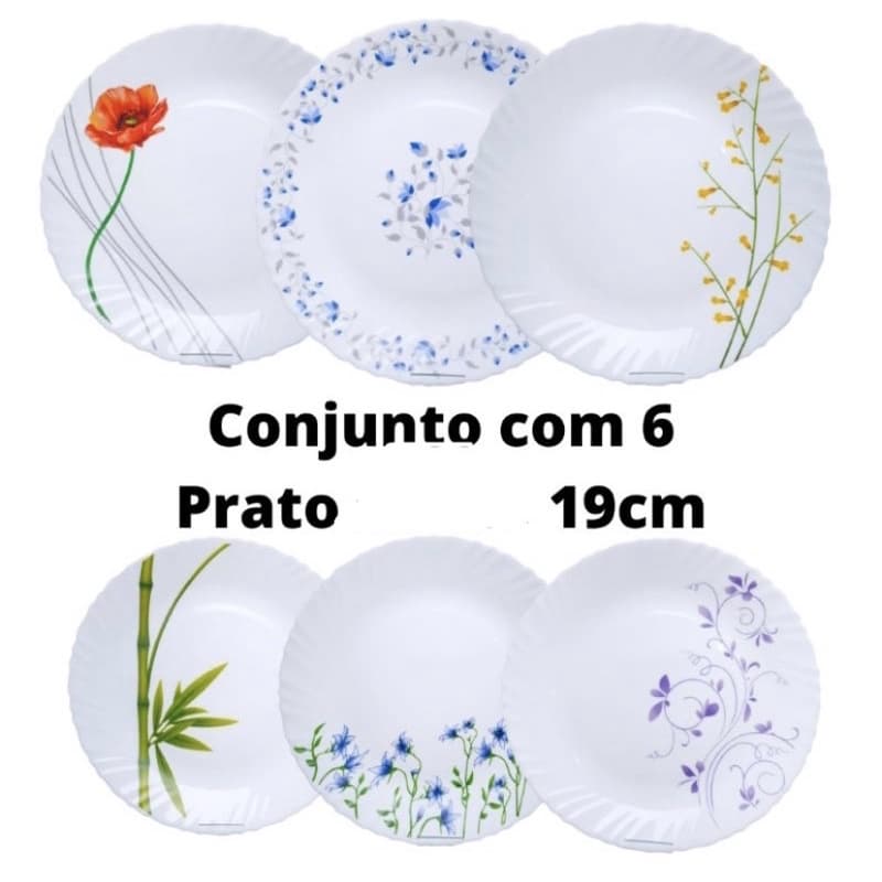Conjunto 6 pratos rasos 19cm opal estampado louça vidro temperado opaline