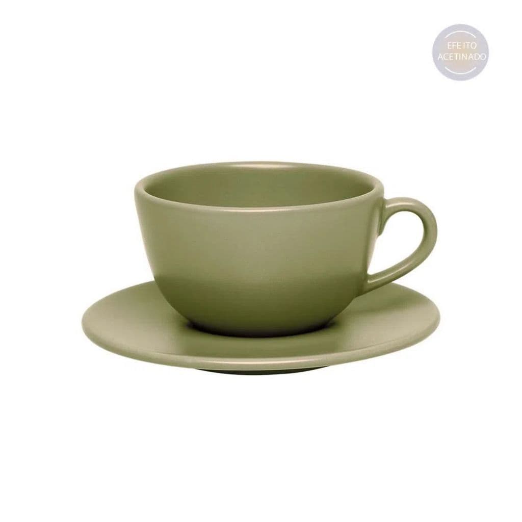 Xícara Chá Com Pires Unni Oliva Verde Escuro Cerâmica 200ml Oxford Porcelanas Ideal para Café e Chá